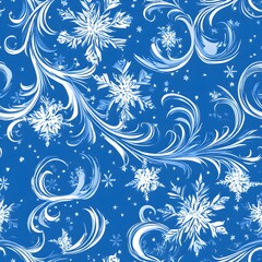 A seamless winter wonderland pattern features intricate white snowflakes and swirling frosty designs on a rich blue background ideal for festive holiday fabric prints or winter