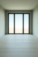 Fototapeta premium Modern minimalist room with large windows overlooking a peaceful landscape
