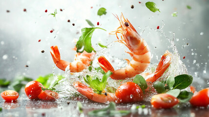 Prawns and vegetables falling into water