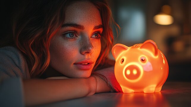 Young woman looks hopefully at glowing piggy bank symbolizing financial future