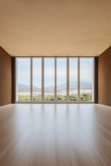 Fototapeta premium Modern interior with large windows showcasing mountain view in daylight