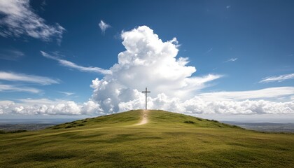 Obraz premium A cross stands atop a hill against a serene sky backdrop.