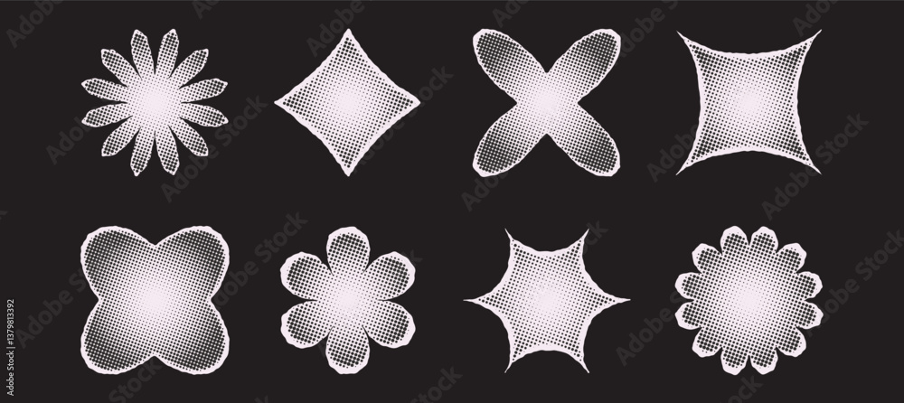 Poster set of halftone shapes in the form of flowers, stars, and diamonds. grainy texture with noise and do