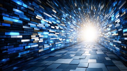 Illuminated Pathway Surrounded by Glowing Blue and Silver Bricks Leading to a Bright Light