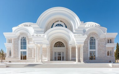 Elegant white building featuring a grand arch and a prominent staircase entrance.