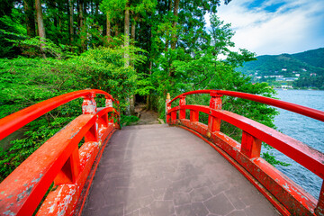 Hakone shrine bridge at Lake Ashinoko at Moto Hakone