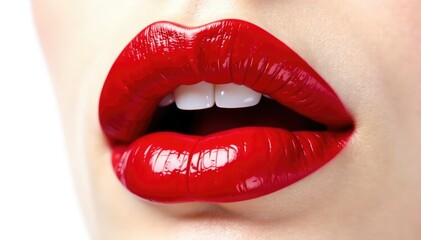 Obraz premium Close-up vibrant red lips isolated on pure white , makeup, lipstick