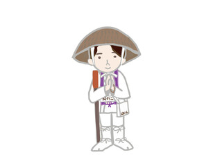 An illustration of a young oriental man dressed in all white robes making a pilgrimage to Shikoku