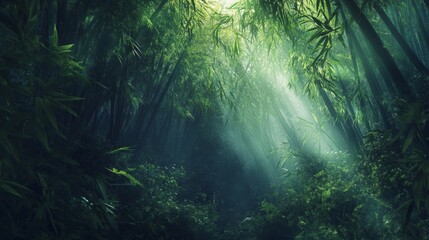 A serene view of a lush green forest. Sunlight breaks through the canopy. This tranquil scene invites exploration and reflection. Generative AI