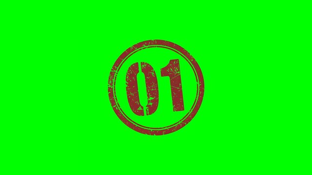 Animated number "01" rubber stamp seal with bold red text, featuring a zoom and hit effect on a green screen background for numbering, ranking and first place