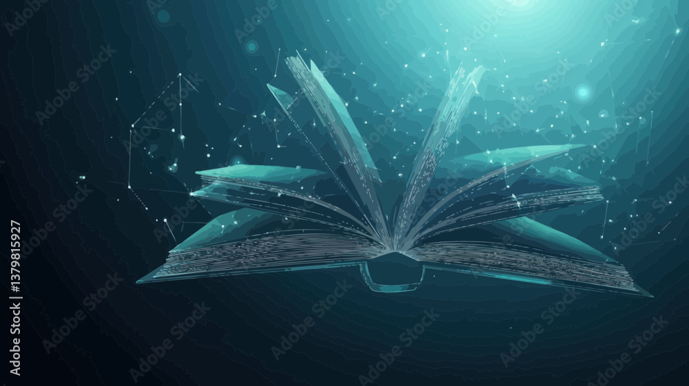 Poster abstract open book with polygonal geometry and triangles, light connection structure, low poly vecto