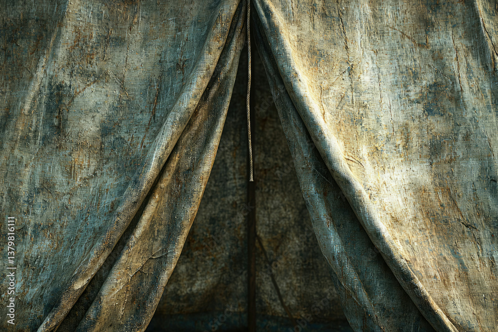 Poster close-up of a weathered, dark canvas tent, showing texture and age.