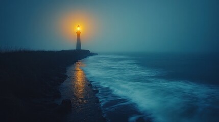 Fototapeta premium Misty Night Lighthouse Guiding Waves