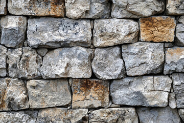 Obraz premium A rustic stone wall, composed of uneven, grey and brown stones, shows the texture and age of the material.