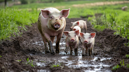 Pastoral Portrait: A Pig Family's Harmonious Play in the Heart of a Rural Enclosure