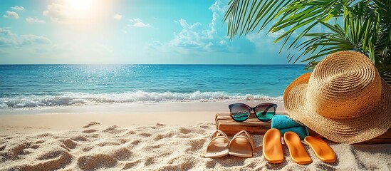 Idyllic Beach Vacation: Hat, Towel, Sandals, and Sunglasses on Sandy Shore