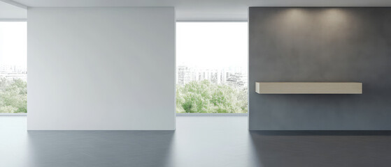 Modern empty interior with large windows showcasing urban landscape during daylight