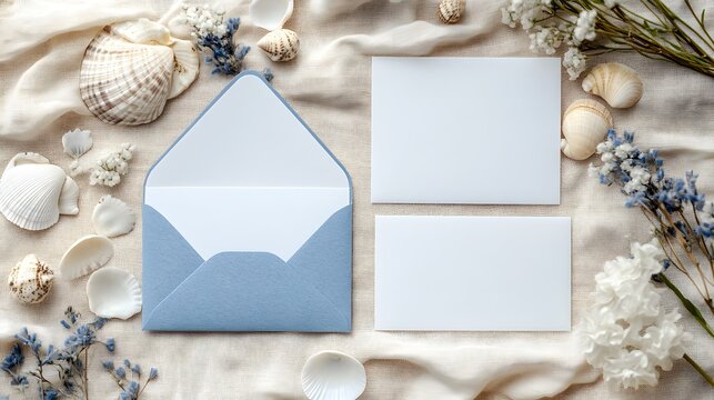 Blue envelope and blank cards with seashells and white flowers on textured fabric. Ideal for beach wedding invitations or coastal stationery mockups.