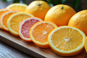 Vibrant Citrus Fruits on Wooden Board