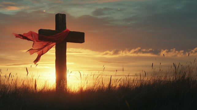 Wooden cross in a field with red cloth during golden hour sunrise spiritual landscape

