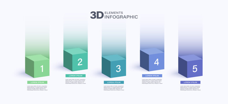 Vector design of business or marketing infographics with 3d cubes and 5 steps or options