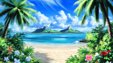 Fototapeta premium tropical beach scene with vibrant colors and lush vegetation