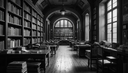 Grand Monochrome Library Interior Bookshelves, Desks, and Natural Light