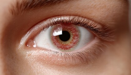A close-up of a red eye featuring a distinct white spot in the center.