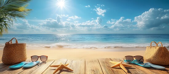 Tropical Beach Scene with Accessories on Wooden Pier during Summer Vacation.