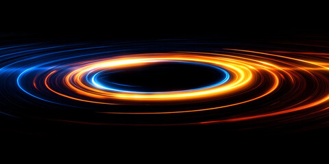 Orange and blue circular light effects with a rotating effect, symbolizing technology and the future, suitable for digital art and tech background designs.