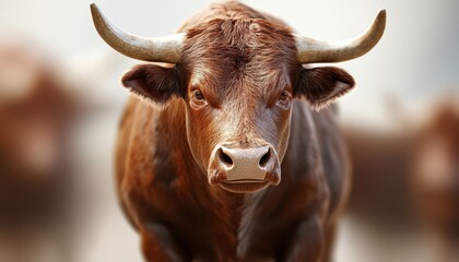 Naklejka premium A brown cow with horns stands gracefully in a lush green field.