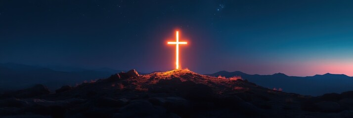Illuminated cross glowing atop mountain peak during twilight under deep blue spiritual sky

