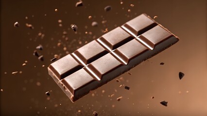 An ultra-macro close-up reveals the rich texture and detail of a single milk chocolate bar in mid-air with cocoa nibs exploding around it, a high-fidelity image perfect for food