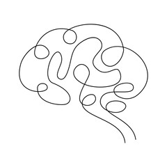 Human brain single-line art on a white artboard beautifully represents intelligence and creativity, using a continuous stroke to capture the complexity of the mind in a minimalist way.