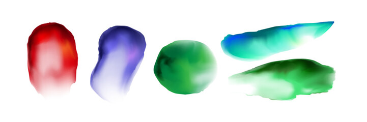 Watercolour brushstroke shapes. Translucent paint splotches. Colorful abstract artistic watercolor stain elements, flowing liquid ink splashes on white background for creative design projects.