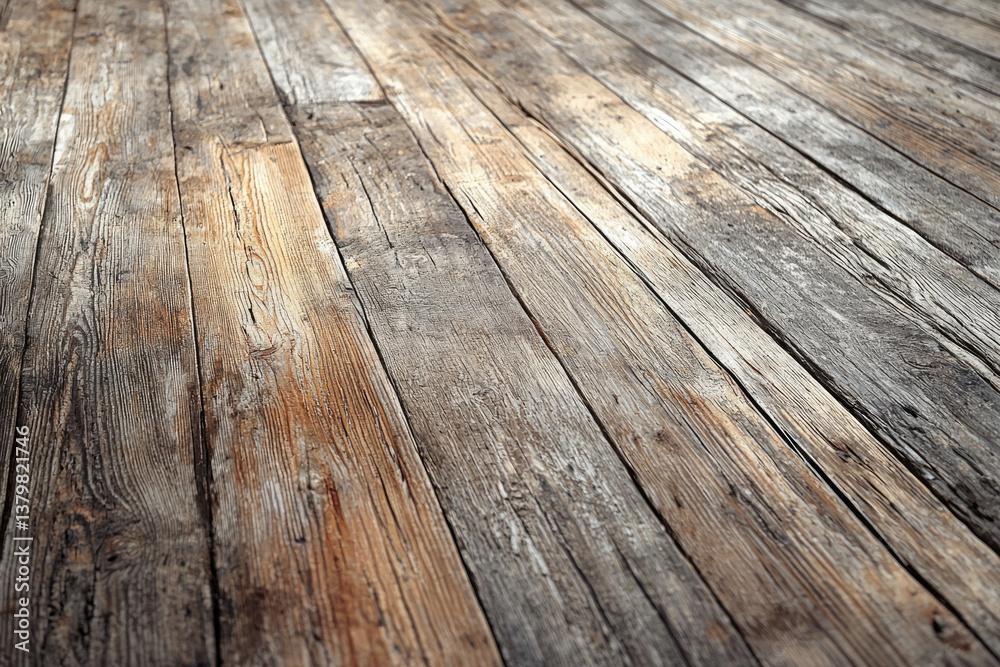 Poster rustic weathered wood planks form a diagonal perspective, showcasing texture and age.