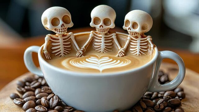 Three skeletons relaxing in a coffee cup with latte art design.