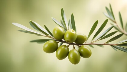 Close-up shot of an olive branch with green olives, soft diffused lighting, bokeh effect, smooth textures, digital art