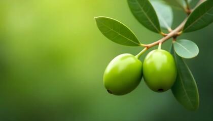 Close-up shot of an olive branch with green olives, soft diffused lighting, bokeh effect, smooth textures, digital art
