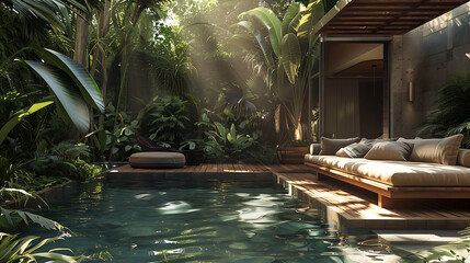 Perched on edge of a lush jungle in Bali, small private swimming pool glistens in warm morning sunlight, surrounded by vibrant green tropical plants, while a wooden sofa invites relaxation, offering