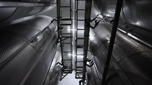 Low angle POV: Looking up at tall stainless steel wine storage tanks