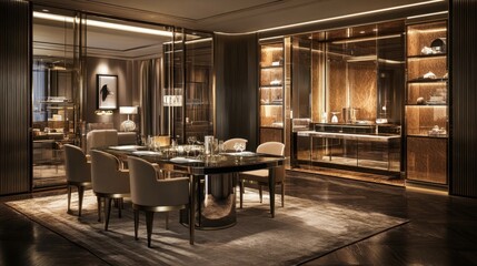 Fototapeta premium A stylish boardroom with a glass partition, long table, and elegant office decor.