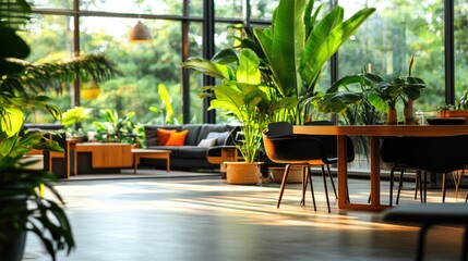 A stylish meeting space with a large central table, indoor plants, and a modern industrial design.