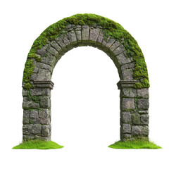 A stone archway covered in lush green moss, showcasing intricate detailing and natural elements.