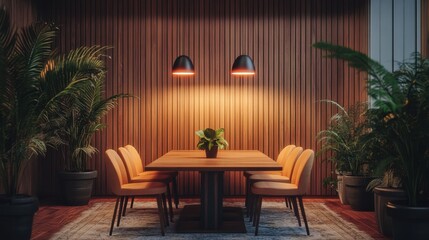A well-lit meeting space with ergonomic chairs, a wooden table, and a stylish office lamp.