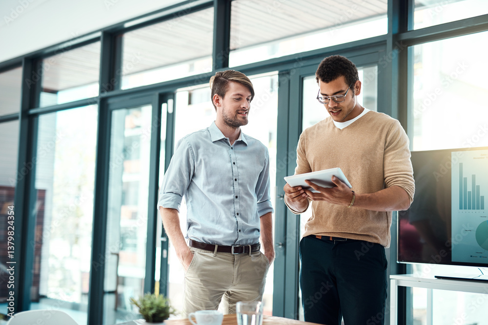 Aufkleber Tablet, business men and digital planning for app developer project with website design ideas in office. Brainstorming, tech and teamwork of employee with collaboration for homepage layout with talk