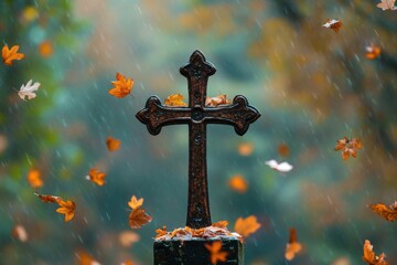 Rustic metal cross standing in a gentle autumn breeze with golden leaves falling in a forest background

