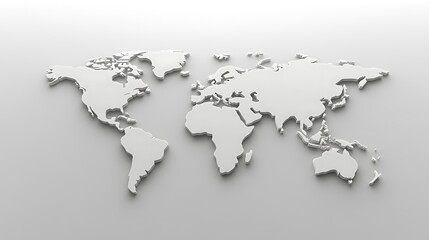 A three dimensional stylized white world map on a grey background