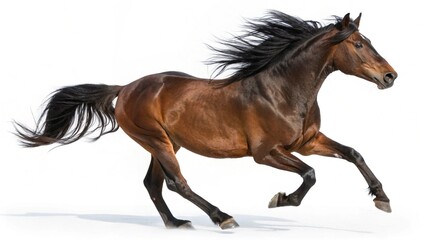 Obraz premium A majestic brown horse gallops freely on all fours, its black mane flowing freely and tail swaying, against a stark white background, showcasing its strength and ...