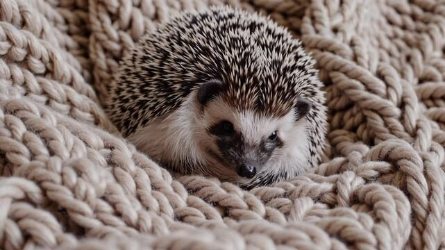 Curious hedgehog exploring cozy knitted blanket in adorable sequence